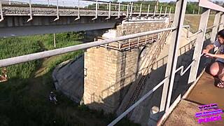 we sneak doggystyle fuck on moving train. brunette gf almost caught by neighbors