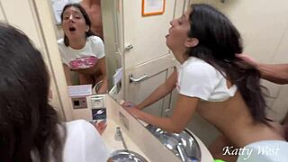 teens sneak public train toilet fuck while line waits outside