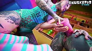 yo, these alt goth chicks are gaping asses with huge dildos and fisting each other wild!