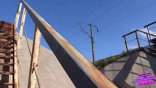 we sneak doggystyle fuck on moving train. brunette gf almost caught by neighbors