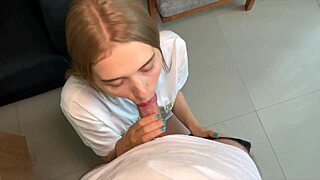 Blonde Teen Babe Sucks Cock Deep in POV to Pay Rent with Moans