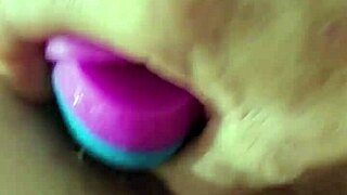 chubby brunette gapes ass on huge rainbow dildo deep