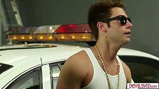 Guy Rams Brunette Cop's Throat with Monster Cock