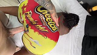 white guy lines up big black ass ebony through yoga pants hole for gloryhole doggystyle facefucking and cum dump