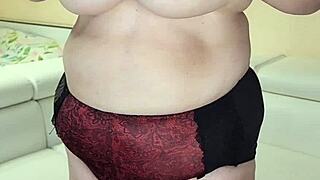 thick busty granny wife strips lingerie revealing hairy pussy and huge tits naked