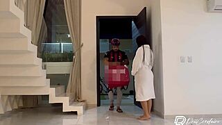 Delivery guy drops off package and chats up the hot brunette home alone turning into fun hangout