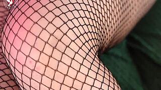 Babe in fishnets begs guy to rip them and pound shaved tight pussy