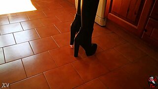 Garage Mistress Boots Dominate Huge Heels Slave