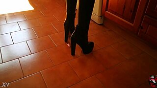 Garage Mistress Boots Dominate Huge Heels Slave