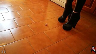 Garage Mistress Boots Dominate Huge Heels Slave