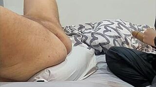 amateur babe in bed tries pegging him with big strapon and cums quick on her perfect body