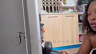 this hot milf camgirl slams a massive 14-inch dildo against the kitchen fridge for full wild ride