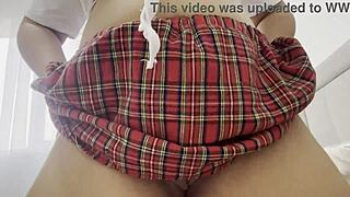 Stepsister rubs her wet pussy and big natural tits while watching tv with no panties on pov