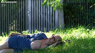 hiking trail turns wild as submissive slave flashes saggy downblouse tits publicly with ripped clothes