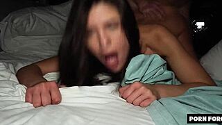 pretty college teen bent over bed takes rough monster cock doggystyle to cum