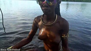 Skinny African village girl struts naked for cock