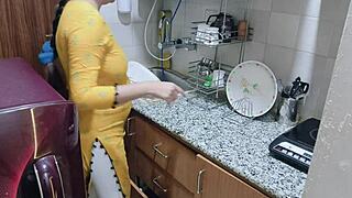 stepmom's bent over kitchen counter big tits out i fuck her horny indian pussy doggystyle close up cumshot