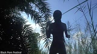 Skinny African village girl struts naked for cock