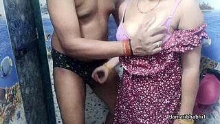 Horny Indian bhabhi jerks husband in bathroom till he blasts cumshot on her sexy blue panties