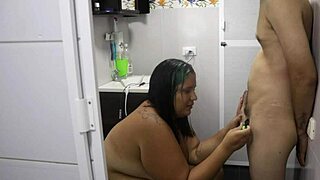 Neighbor stops by bathroom to shave my throbbing cock smooth before wild fuck