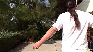 Blonde hopeful pornstar gets bent over and railed doggystyle in backyard garden