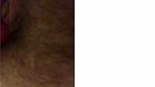 katie rubs her fat hairy clit close-up with juicy dildo vibrator till wet squirt