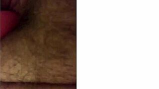 katie rubs her fat hairy clit close-up with juicy dildo vibrator till wet squirt