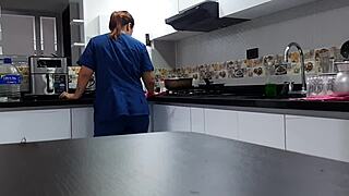 hey, watch me talk this thick colombian employee into kitchen fuck on the bed part 1