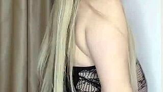 milf slips into transparent clothes caressing her big natural tits slowly 