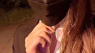 Japanese babe spreads legs for outdoor pussy pounding in public