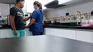 hey, watch me talk this thick colombian employee into kitchen fuck on the bed part 1