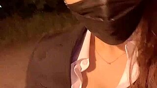 Japanese babe spreads legs for outdoor pussy pounding in public