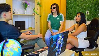 i sneak in to help boyfriend settle his debt with my wet pussy on his boss's desk