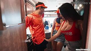 traveling fan fuck fest turns into wild ffm group with cheerleaders