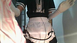 aww look at the cute little femboy maid in stockings gulping his own hot cumshot