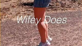 milf lifts her skirt outdoors flashing shaved pussy and tits