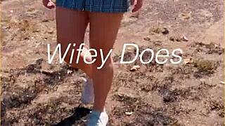 milf lifts her skirt outdoors flashing shaved pussy and tits