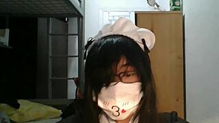 aww look at the cute little femboy maid in stockings gulping his own hot cumshot