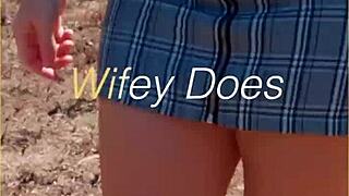 milf lifts her skirt outdoors flashing shaved pussy and tits