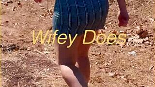 milf lifts her skirt outdoors flashing shaved pussy and tits