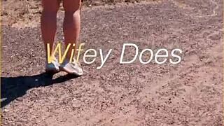 milf lifts her skirt outdoors flashing shaved pussy and tits