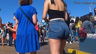 Spying on that juicy big ass squeezed in tight shorts jeans outdoor