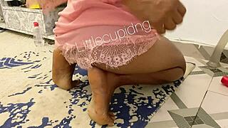 curvy amateur rides dildo on bed squirting gaping pussy farting in lingerie solo