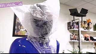 gas mask rubber latex catsuit bdsm play with bound masked fetish doll