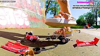 giantess kati crushes toy cars tramples huge plastic with sneakers