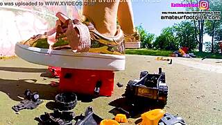 giantess kati crushes toy cars tramples huge plastic with sneakers