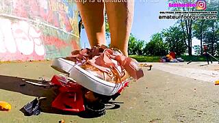 giantess kati crushes toy cars tramples huge plastic with sneakers
