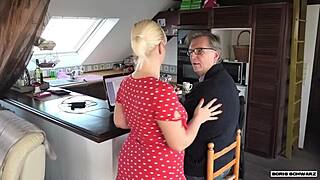 Is Boris Schwarz's girlfriend's pussy dripping while cheating right behind him?