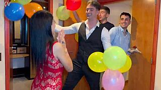 argentinian slut celebrates birthday bent over for rough gangbang double penetration and milk gulps