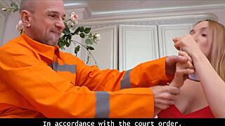 Hot Debtor Polly Yangs Dances Seductively for Two Collectors Before Double Penetration